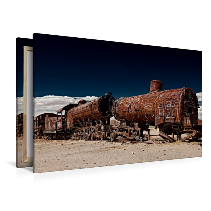 Premium Textil-Leinwand Premium Textil-Leinwand 120 cm x 80 cm quer Eisenbahnfriedhof bei Uyuni, Bolivien, Suedamerika