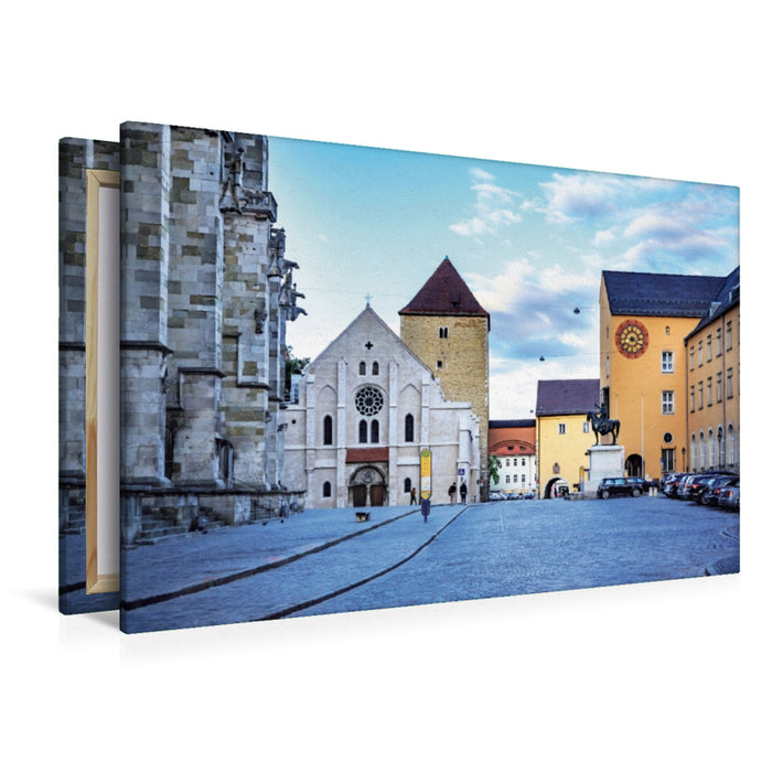 Premium Textil-Leinwand Premium Textil-Leinwand 120 cm x 80 cm quer Domplatz in Regensburg