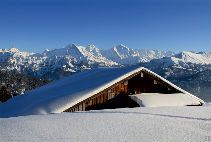 Toile textile haut de gamme Toile textile haut de gamme 120 cm x 80 cm paysage Conte de fées d'hiver - Cabane d'alpage enneigée - Eiger, Mönch, Jungfrau 