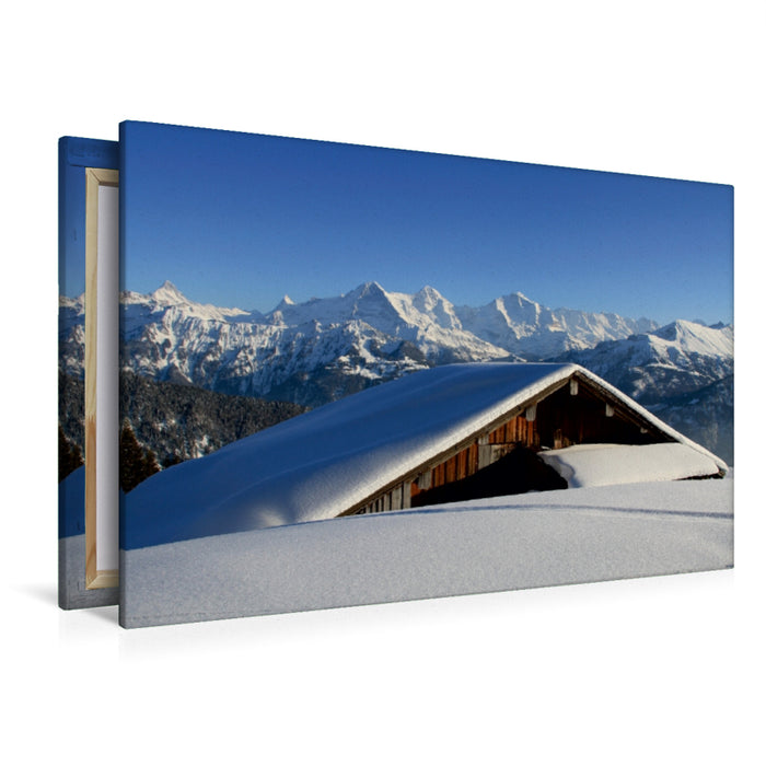 Toile textile haut de gamme Toile textile haut de gamme 120 cm x 80 cm paysage Conte de fées d'hiver - Cabane d'alpage enneigée - Eiger, Mönch, Jungfrau 