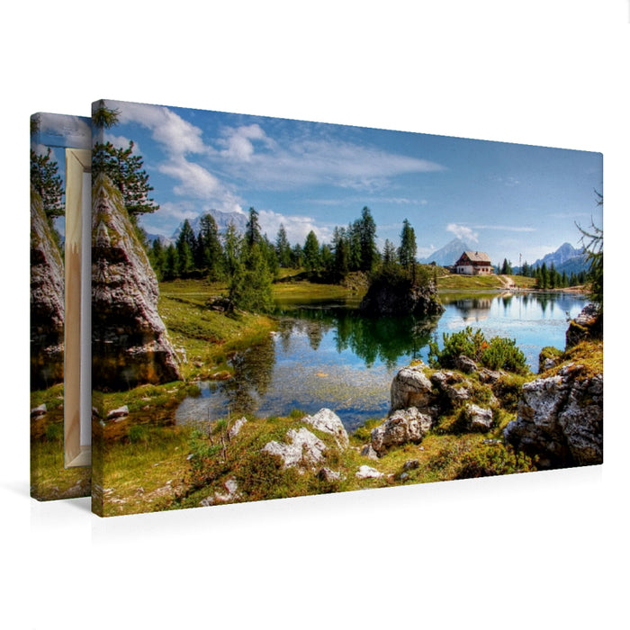 Toile textile haut de gamme Toile textile haut de gamme 75 cm x 50 cm à travers le Lago di Federa avec Sorapiss et Antelao - accessible depuis Cortina ou Passo Giau