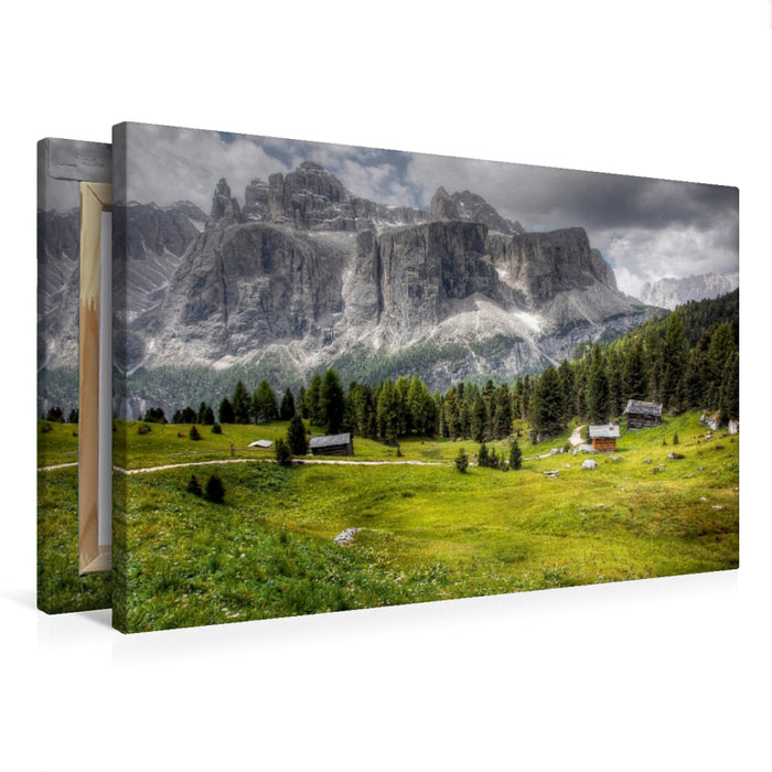 Toile textile haut de gamme Toile textile haut de gamme 75 cm x 50 cm paysage Kolfuschger Hochalm avec massif du Sella - Val Gardena 