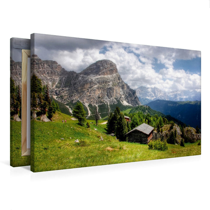 Toile textile haut de gamme Toile textile haut de gamme 75 cm x 50 cm paysage Kolfuschger Hochalm avec Sassongher - Corvara Tyrol du Sud 