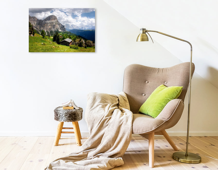 Toile textile haut de gamme Toile textile haut de gamme 75 cm x 50 cm paysage Kolfuschger Hochalm avec Sassongher - Corvara Tyrol du Sud 