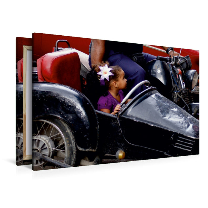 Premium Textil-Leinwand Premium Textil-Leinwand 120 cm x 80 cm quer Motorrad-Gespann der Marke MZ in Kuba