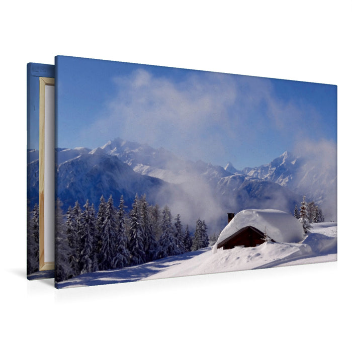 Premium Textil-Leinwand Premium Textil-Leinwand 120 cm x 80 cm quer TraumWinter - Winter Traum. Tief verschneite Landschaft. Schweiz