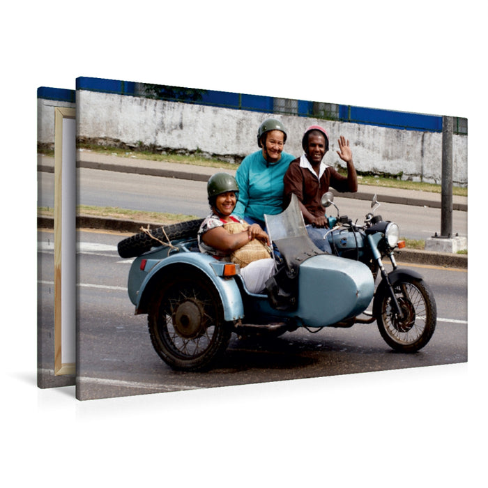 Premium Textil-Leinwand Premium Textil-Leinwand 120 cm x 80 cm quer Motorrad-Gespann unterwegs in Havanna