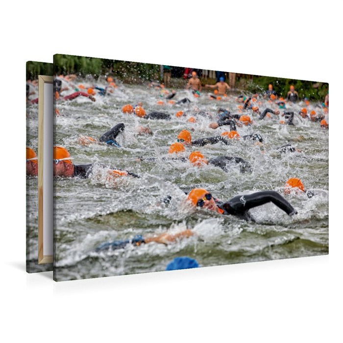 Premium Textil-Leinwand Premium Textil-Leinwand 120 cm x 80 cm quer Schwimmen im Main beim Kitzinger Mainfrankentriathlon