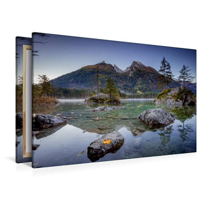 Premium Textil-Leinwand Premium Textil-Leinwand 120 cm x 80 cm quer Hintersee zum Sonnenaufgang (Berchtesgadener Land)