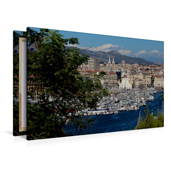 Premium Textil-Leinwand Premium Textil-Leinwand 120 cm x 80 cm quer Blick vom Jardin du Pharo in Marseille auf den Vieux Port