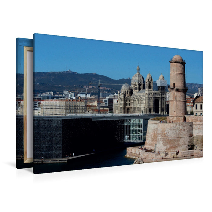 Premium Textil-Leinwand Premium Textil-Leinwand 120 cm x 80 cm quer Das MuCEM, die Kathedrale de la Major und Fort Saint Jean in Marseille