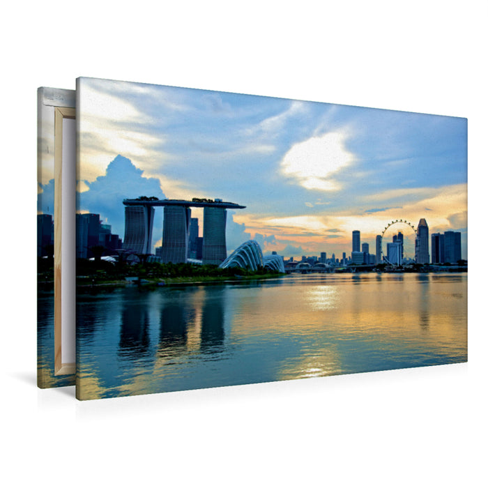 Premium Textil-Leinwand Premium Textil-Leinwand 120 cm x 80 cm quer Singapore Skyline mit Sonnenuntergang