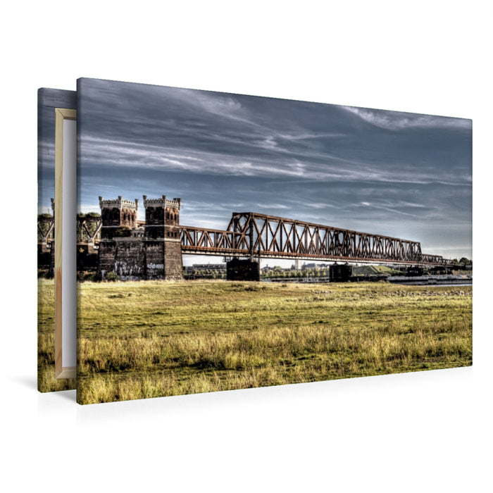 Premium Textil-Leinwand Premium Textil-Leinwand 120 cm x 80 cm quer Die Hochfelder Eisenbahnbrücke von Rheinhausen aus