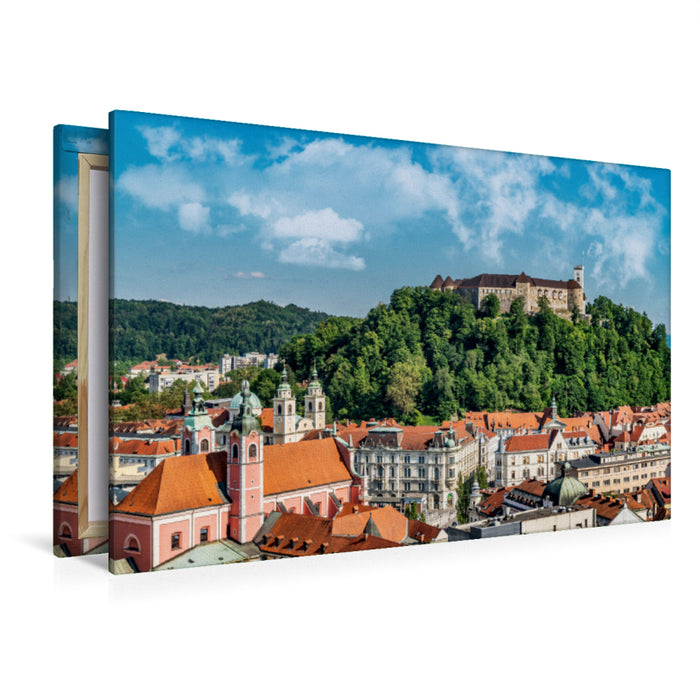 Premium Textil-Leinwand Premium Textil-Leinwand 120 cm x 80 cm quer Stadtansicht mit Burg in Ljubljana