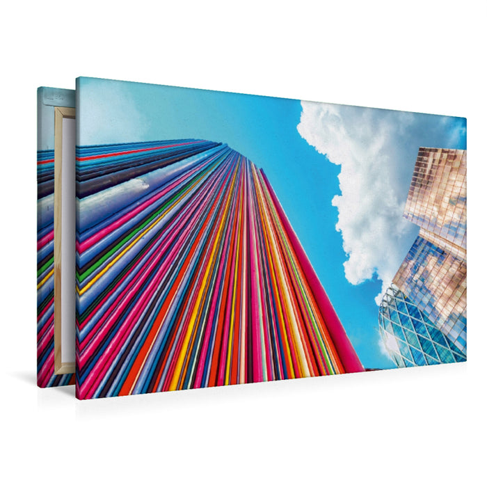 Premium Textil-Leinwand Premium Textil-Leinwand 120 cm x 80 cm quer Säulenskulptur zwischen Hochhäusern in La Defense, Paris, Frankreich