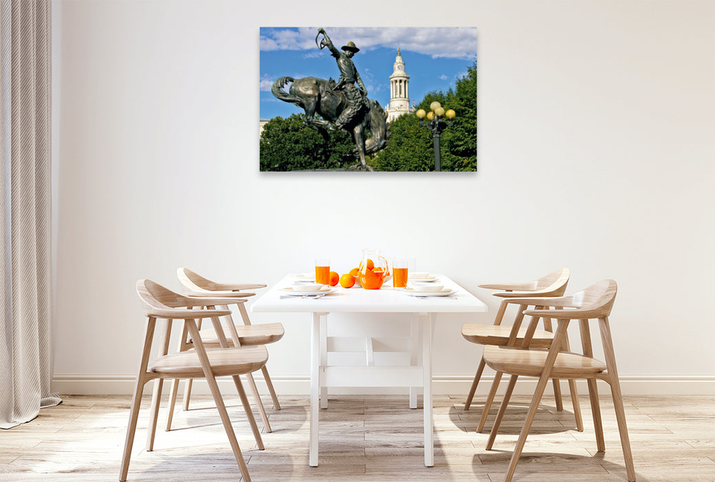 Toile textile haut de gamme Toile textile haut de gamme 120 cm x 80 cm paysage Statue de Bronco Buster, Denver 