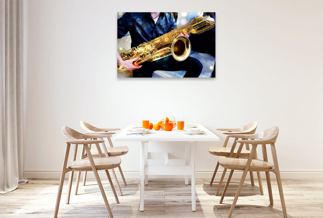 Premium Textil-Leinwand Premium Textil-Leinwand 120 cm x 80 cm quer Jazzmusiker mit Baritonsaxophon