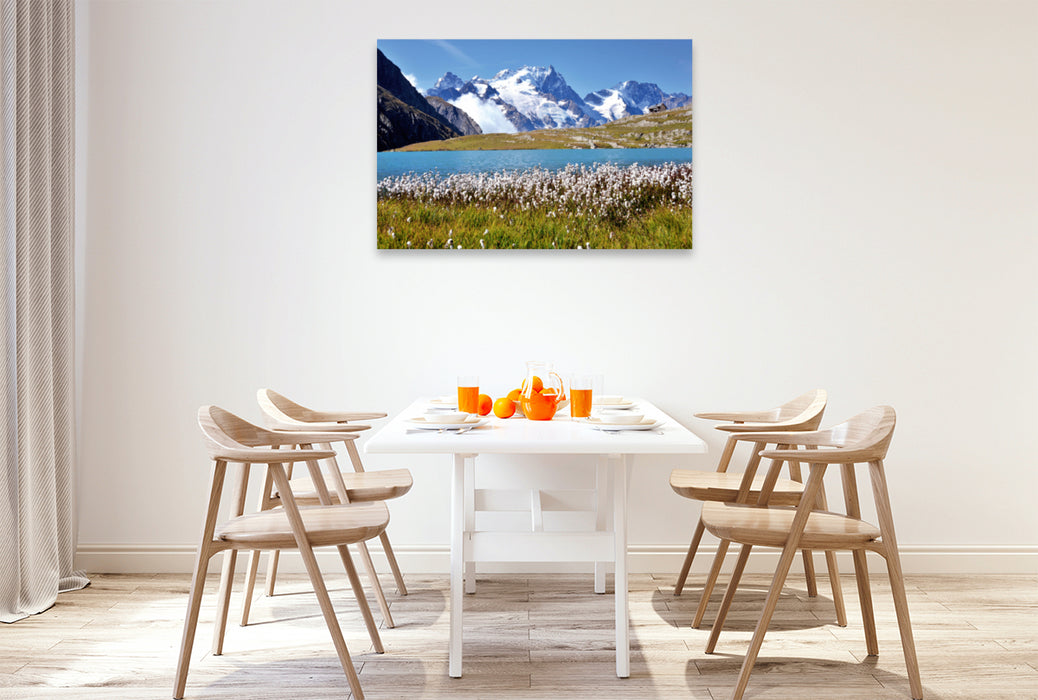 Premium textile canvas Premium textile canvas 120 cm x 80 cm landscape mountain lake Lac Goléon, France 