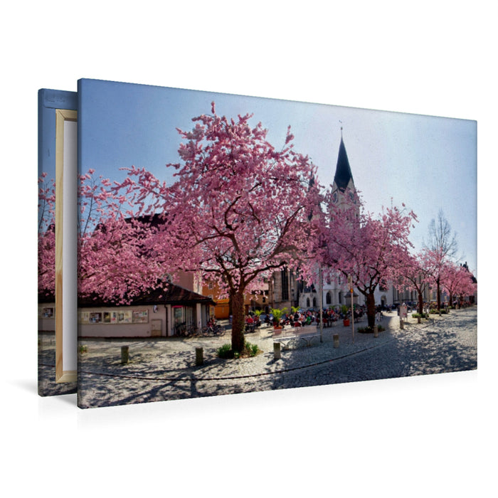 Toile textile haut de gamme Toile textile haut de gamme 120 cm x 80 cm paysage Fleur de cerisier sur la place de la cathédrale d'Eichstätt 
