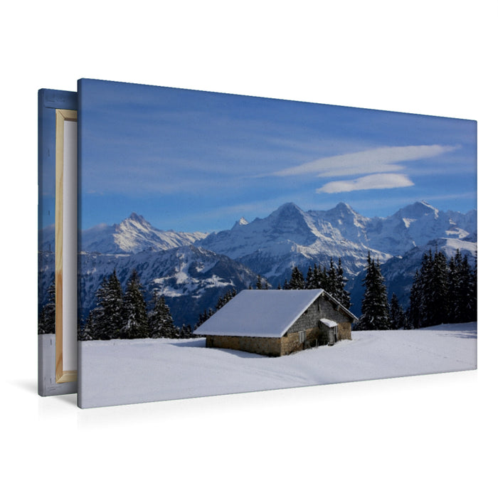 Premium Textil-Leinwand Premium Textil-Leinwand 120 cm x 80 cm quer Bergblick auf Eiger, Mönch, Jungfrau vom Niederhorn, Beatenberg