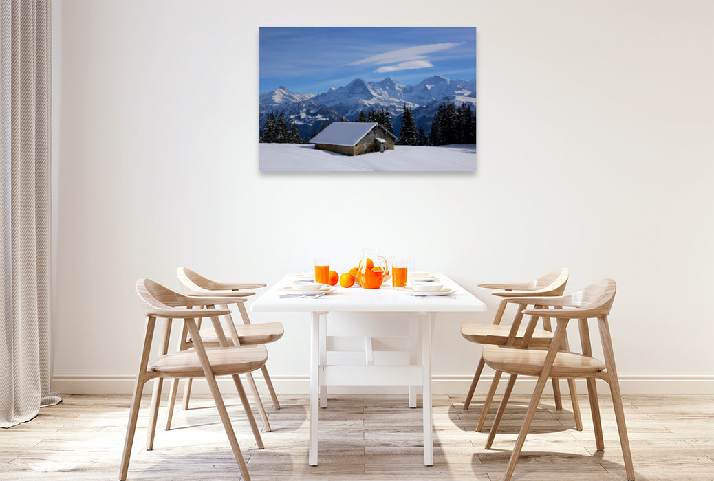 Premium Textil-Leinwand Premium Textil-Leinwand 120 cm x 80 cm quer Bergblick auf Eiger, Mönch, Jungfrau vom Niederhorn, Beatenberg