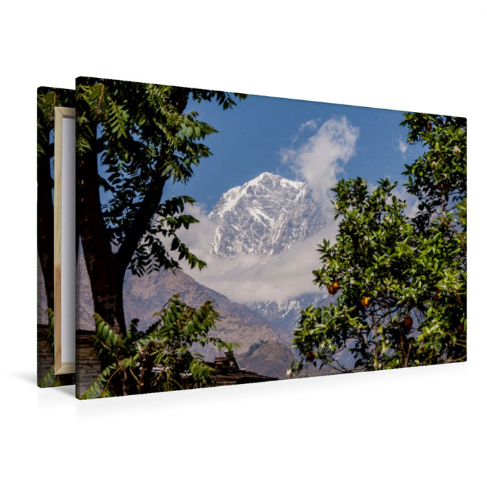 Premium Textil-Leinwand Premium Textil-Leinwand 120 cm x 80 cm quer Blick aus dem tropischen Teil Nepals auf den Himalaya