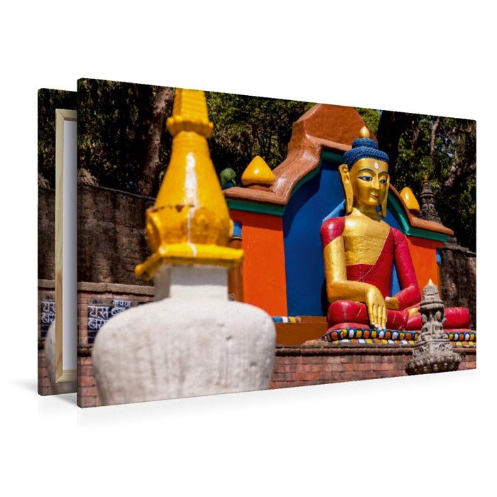 Premium Textil-Leinwand Premium Textil-Leinwand 120 cm x 80 cm quer Am Swoyambhunath-Tempel (Affen-Tempel) in Kathmandu