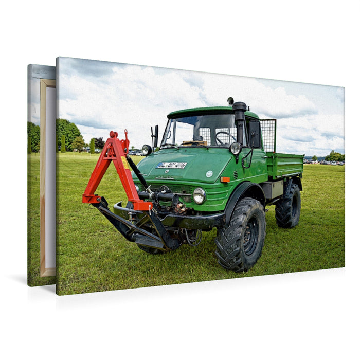 Premium Textil-Leinwand Premium Textil-Leinwand 120 cm x 80 cm quer Unimog mit Frontanbau