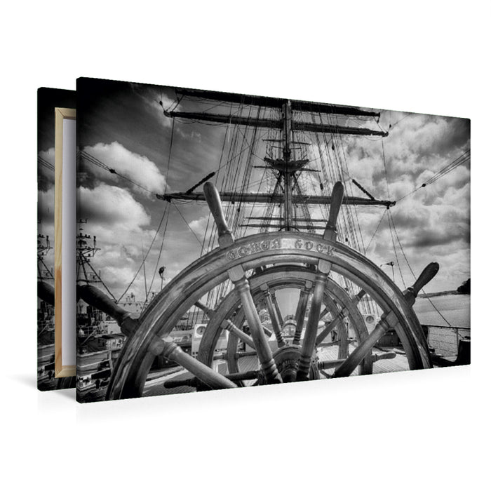 Premium Textil-Leinwand Premium Textil-Leinwand 120 cm x 80 cm quer Steuerrad des Segelschulschiffs Gorch Fock