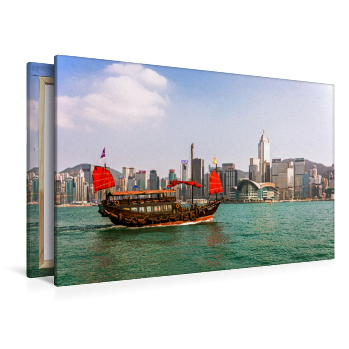 Premium Textil-Leinwand Premium Textil-Leinwand 120 cm x 80 cm quer Dschunke im Victoria Harbour von Hongkong