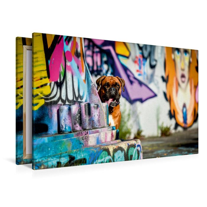 Premium Textil-Leinwand Premium Textil-Leinwand 120 cm x 80 cm quer Boxer an einer Graffitywand