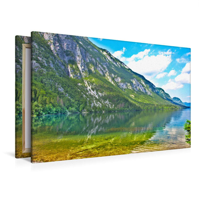 Premium Textil-Leinwand Premium Textil-Leinwand 120 cm x 80 cm quer Spiegelung im Bohinj- See