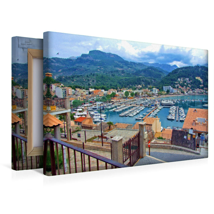 Premium Textil-Leinwand Premium Textil-Leinwand 45 cm x 30 cm quer Blick von der Placa de Santa Catarina auf den Hafen von Port de Sóller