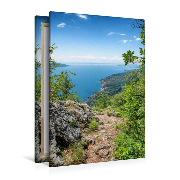 Premium textile canvas Premium textile canvas 80 cm x 120 cm high Sasso hiking trail with Lake Garda view 