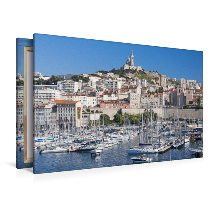 Premium Textil-Leinwand Premium Textil-Leinwand 120 cm x 80 cm quer Blick auf den Vieux Port und Notre-Dame de la Garde