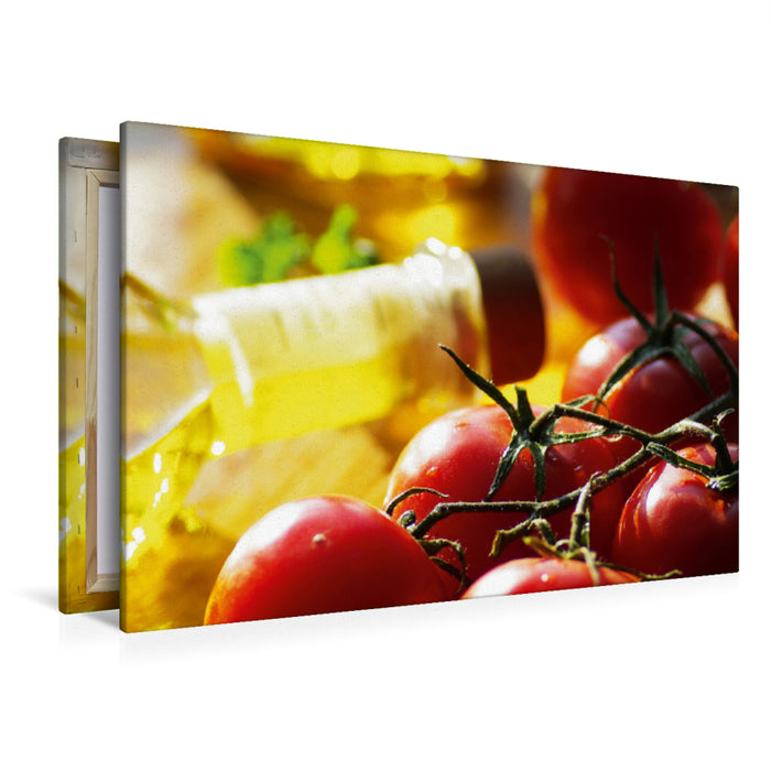 Premium Textil-Leinwand Premium Textil-Leinwand 120 cm x 80 cm quer Wunderbar frische Tomaten an Olivenöl