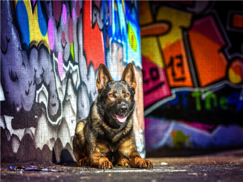 Deutscher Schäferhund liegt an einer Graffitiwand - CALVENDO Foto-Puzzle - calvendoverlag 29.99