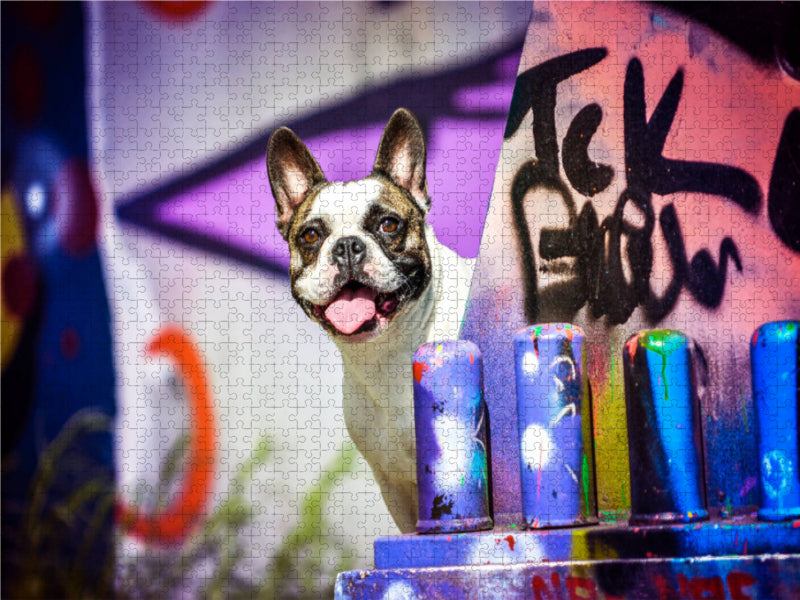 Bouledogue français assis devant un mur de graffitis - Puzzle photo CALVENDO 