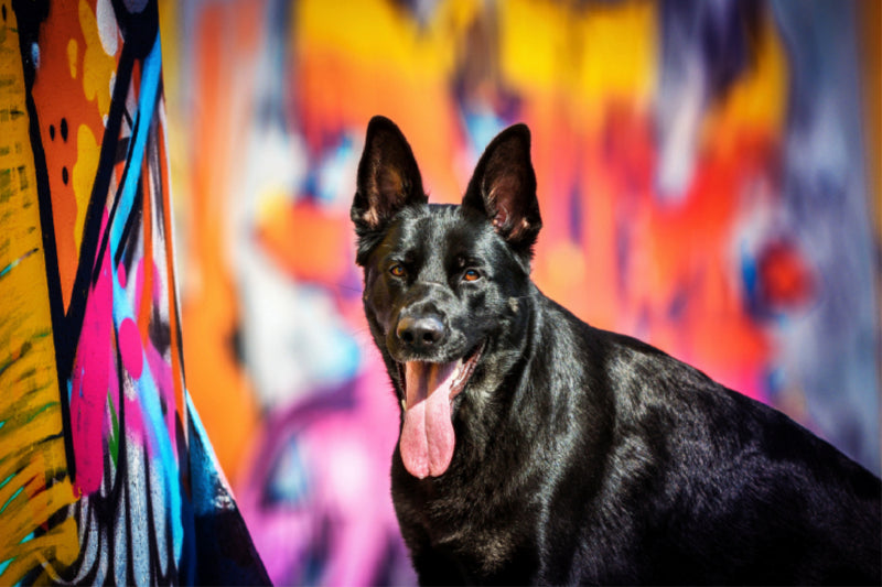 Premium Textil-Leinwand Premium Textil-Leinwand 120 cm x 80 cm quer Deutscher Schäferhund Potrait vor einer  Graffitiwand