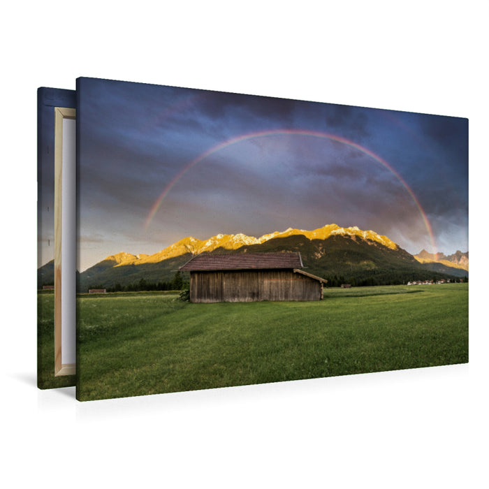 Premium Textil-Leinwand Premium Textil-Leinwand 120 cm x 80 cm quer Regenbogen über dem Karwendel