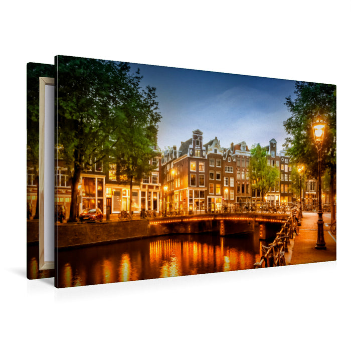 Toile textile haut de gamme Toile textile haut de gamme 120 cm x 80 cm paysage AMSTERDAM soirée idylle sur le Singel 