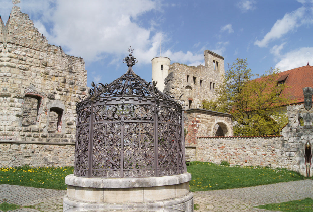 Premium textile canvas Premium textile canvas 120 cm x 80 cm landscape Fountain at Hellenstein Castle 