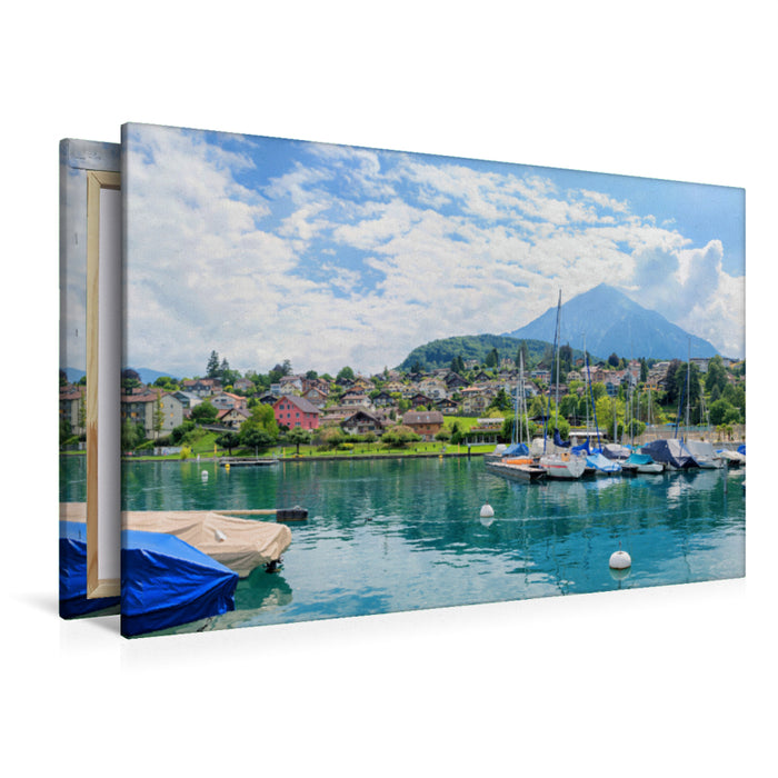 Premium textile canvas Premium textile canvas 120 cm x 80 cm across Spiez harbor on Lake Thun 