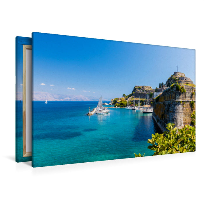 Premium textile canvas Premium textile canvas 120 cm x 80 cm landscape city harbor on Corfu 