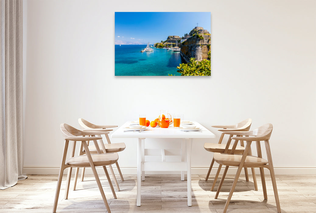 Premium textile canvas Premium textile canvas 120 cm x 80 cm landscape city harbor on Corfu 