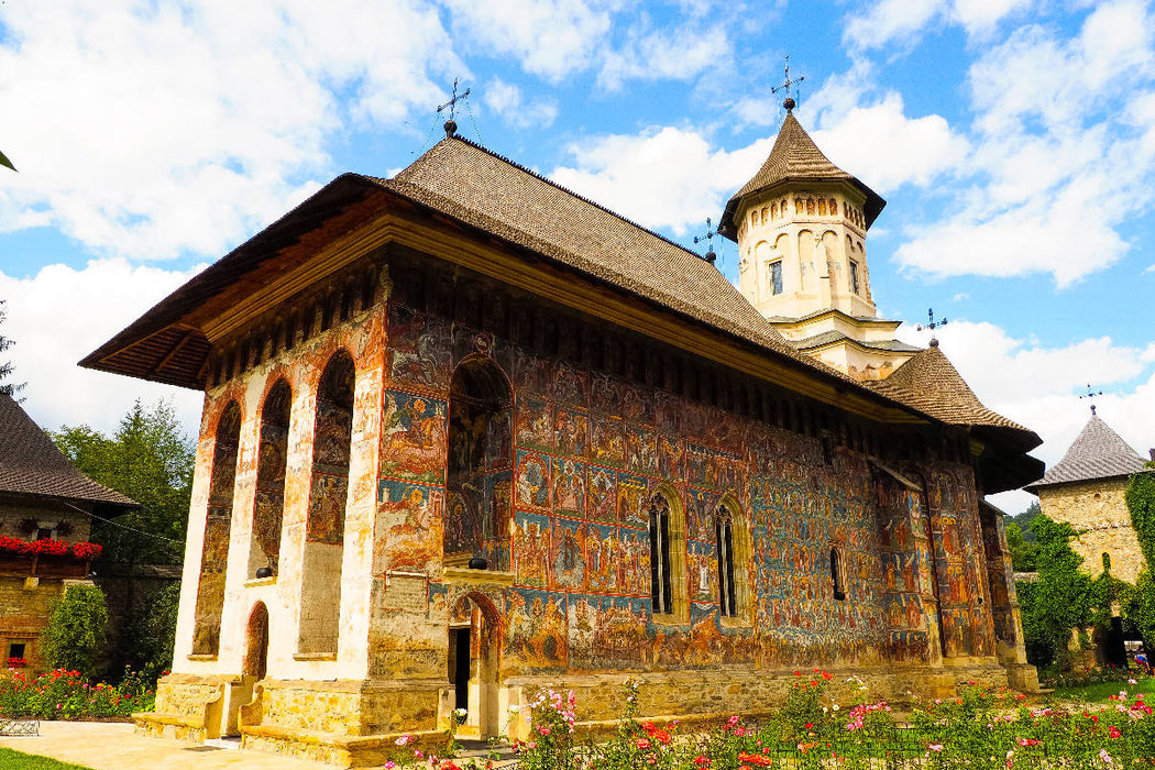 Premium textile canvas Premium textile canvas 120 cm x 80 cm landscape Moldovita Monastery 