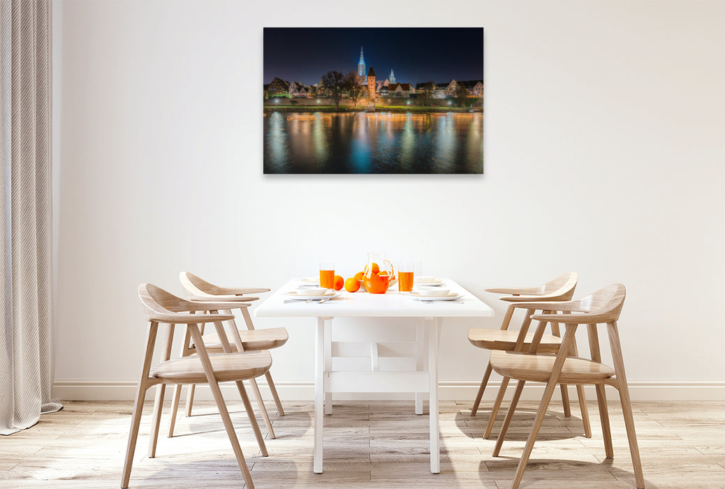 Premium textile canvas Premium textile canvas 120 cm x 80 cm across the banks of the Danube, Metzgerturm and Ulm Minster 