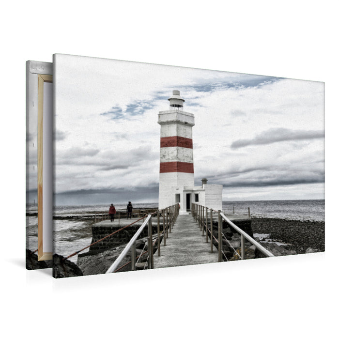 Premium textile canvas Premium textile canvas 120 cm x 80 cm landscape The old and beautiful lighthouse of Gardur on Iceland 