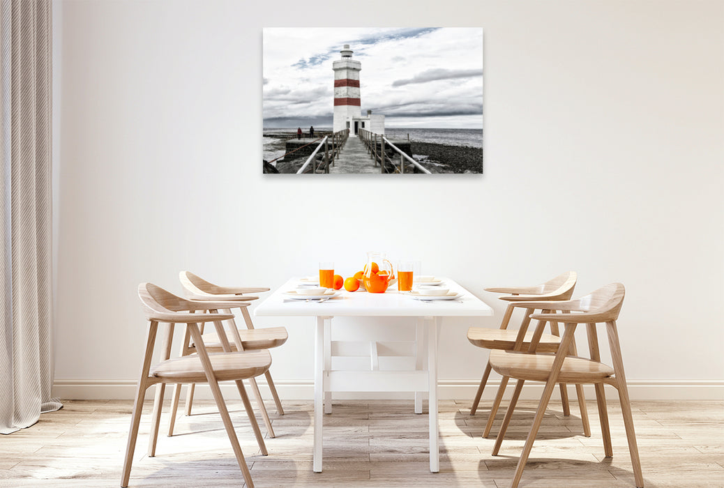 Premium textile canvas Premium textile canvas 120 cm x 80 cm landscape The old and beautiful lighthouse of Gardur on Iceland 