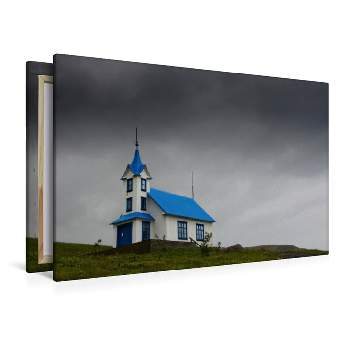 Premium Textil-Leinwand Premium Textil-Leinwand 120 cm x 80 cm quer Blau wie der Himmel. Die Kirche von Stödvarfjördur, Island